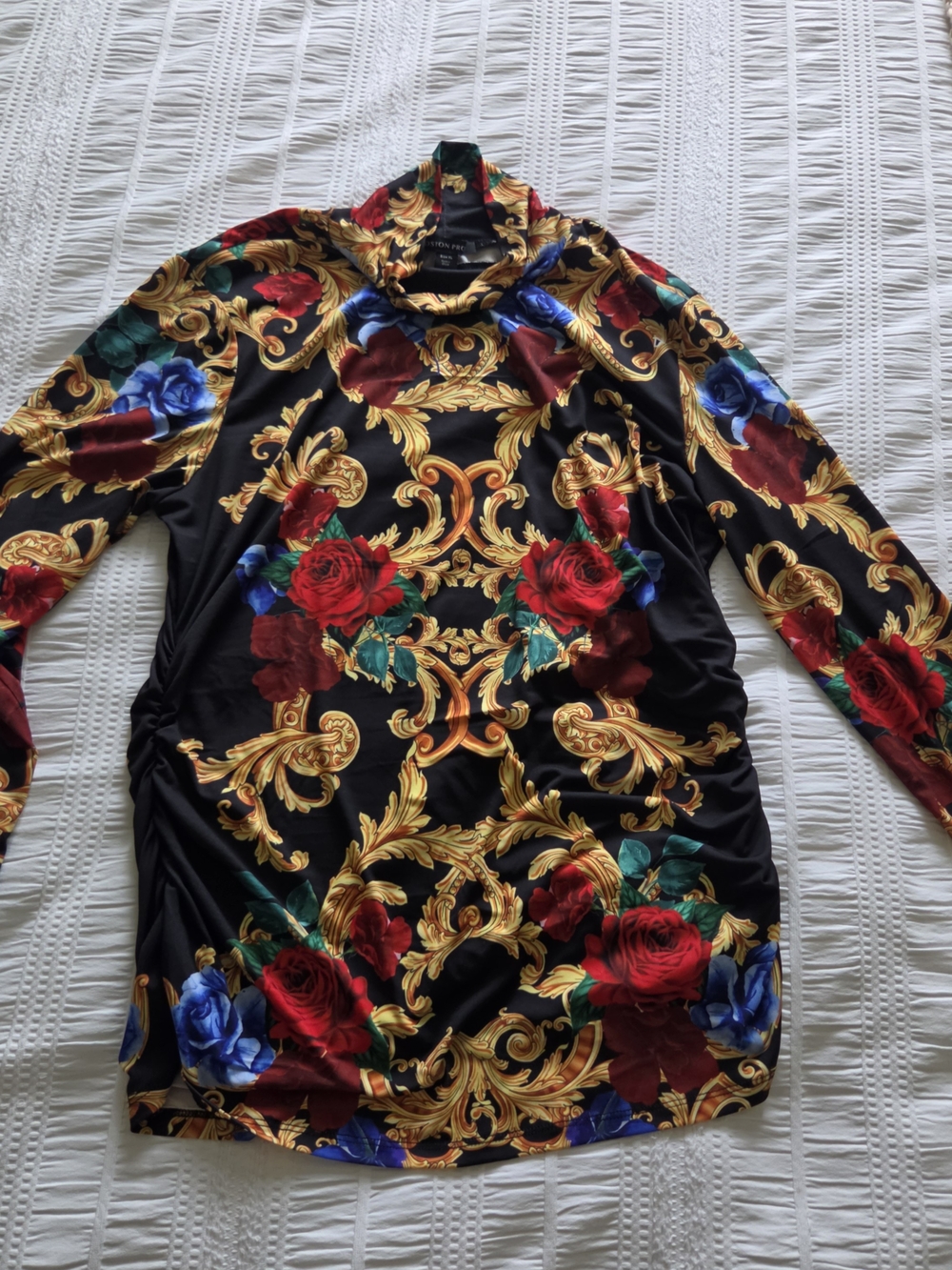 Floral Baroque Print Turtleneck Top- Black/Red